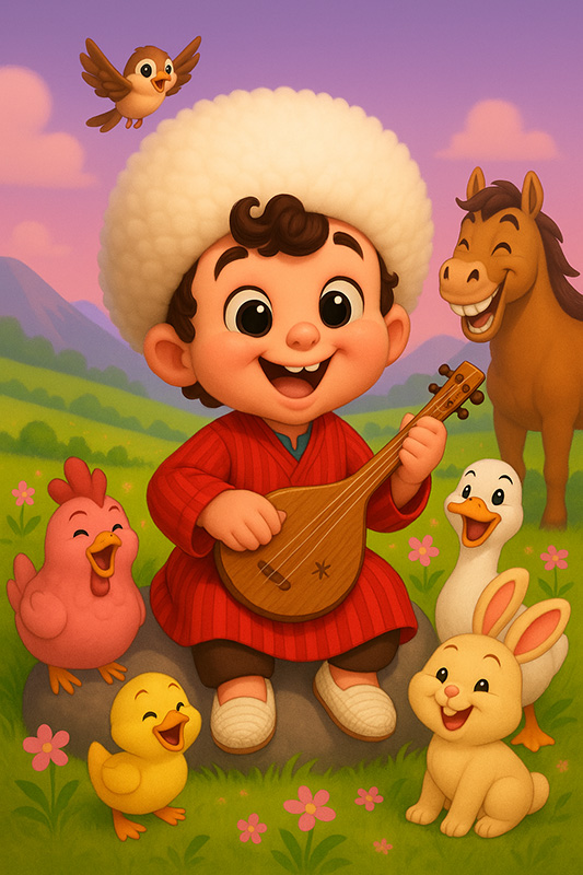 تصویرسازی کودک شاد ترکمن با لباس محلی و ساز سنتی